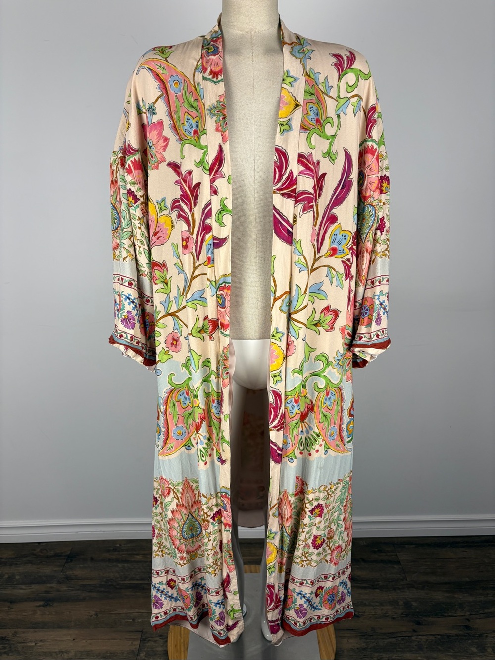 Zara Floral Printed Long Kimono Robe Belted Pink Pastel Boho Duster S